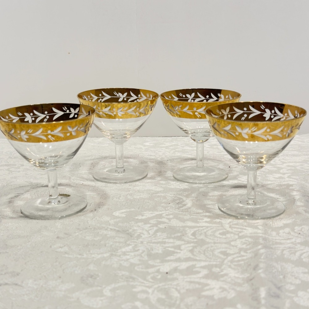 4 Bohemia Vintage Champagne Goblets Sherbet Stem Crystal Glasses Gold Leaf Chech
